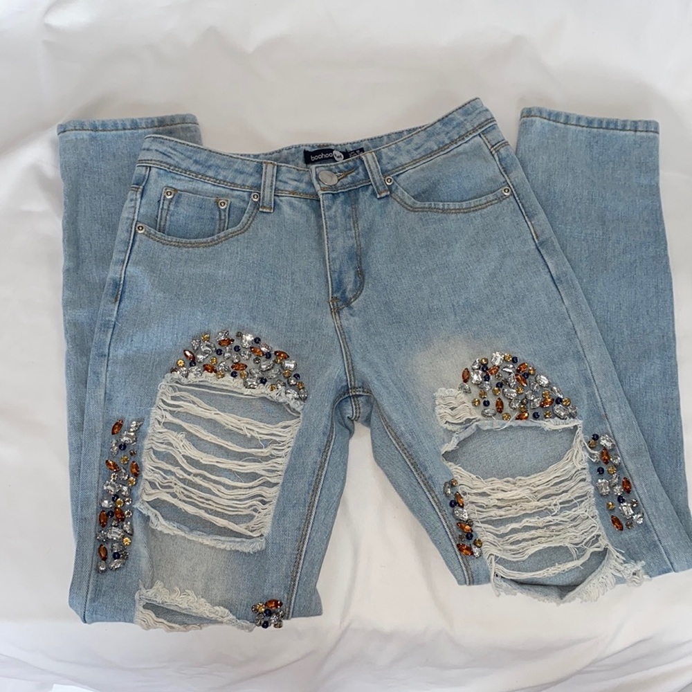 💎Boohoo Blue Jeans with Jewels, Gems, & Beads 💎